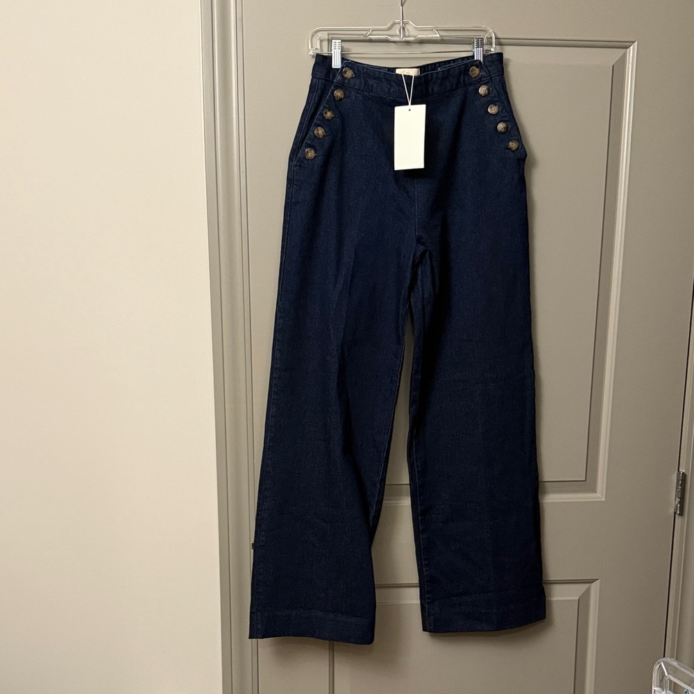 Sezane Navy Wide-Leg Sailor Jeans with Brass Buttons